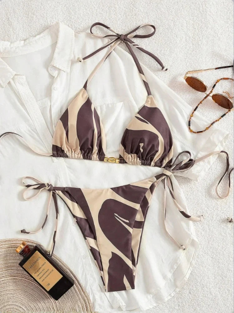 Sexy Coffee Striped Bikini 2026 Women Halter Push Up Bra Tie Side Thong Swimsuit Brazilian Beach Bathing Suit Micro Swimwear
