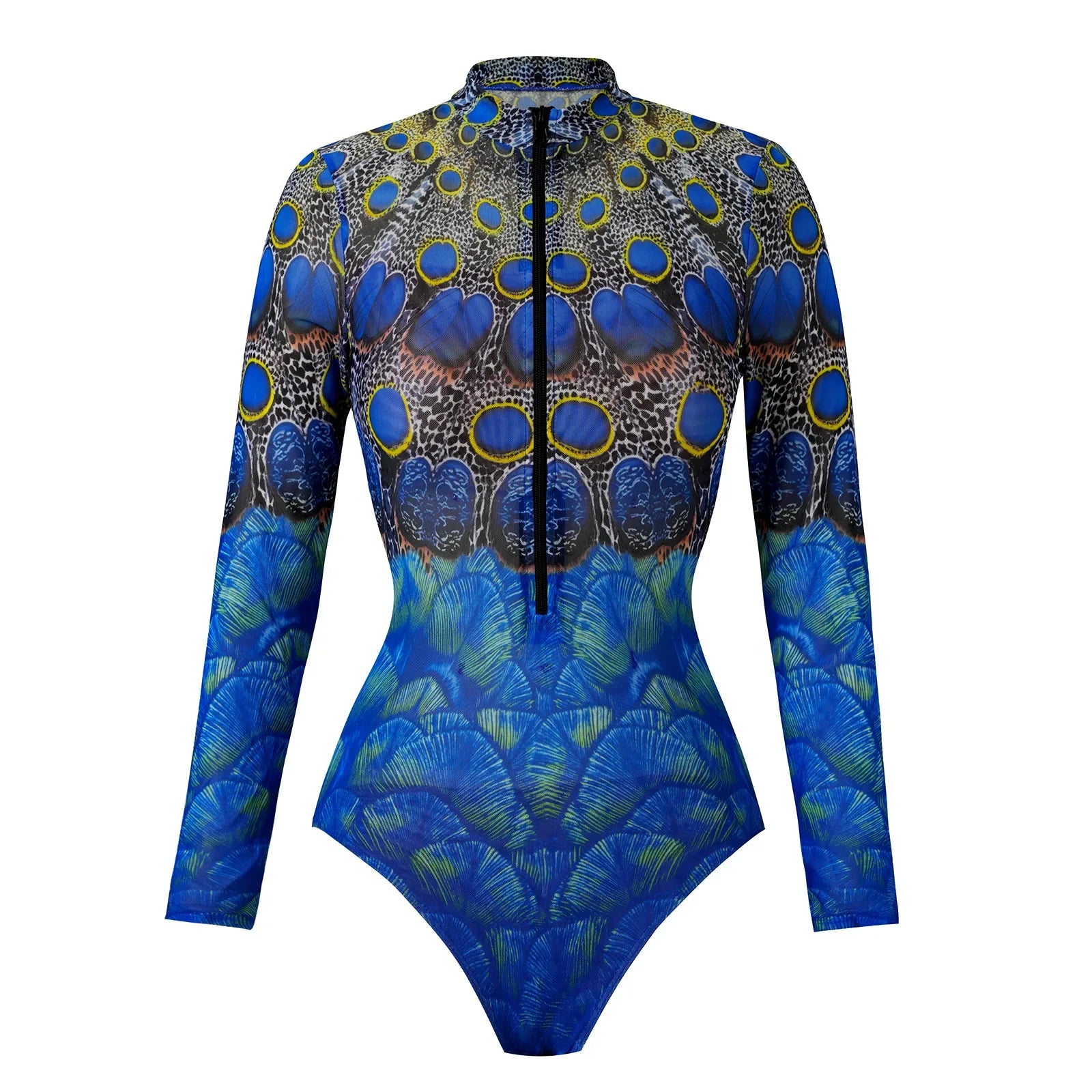 Vintage Sunscreen One Piece Swimsuit Skirt Set Women Peacock Print Long Sleeve Zipper Swimwear Beach Bathing Suit Monokini 2025