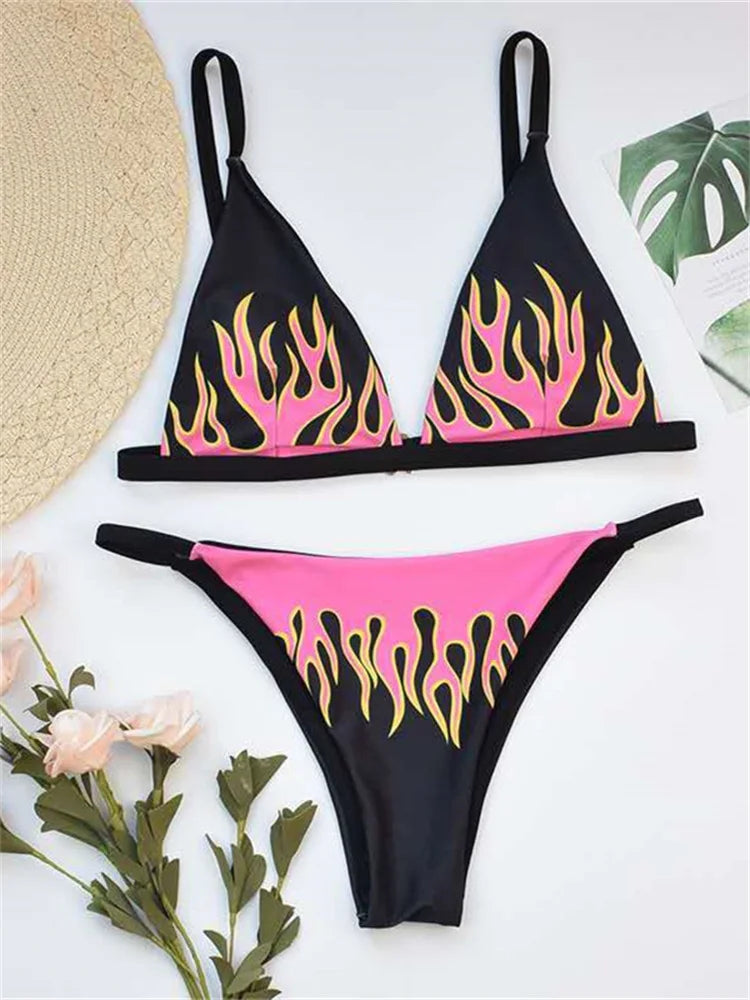 Fire Print Bikini Sexy Off Shouler Women Swimsuit Push Up Plaid Swimwear Brazilian Bikini Set Bathing Suit Trajes De Baño Mujer