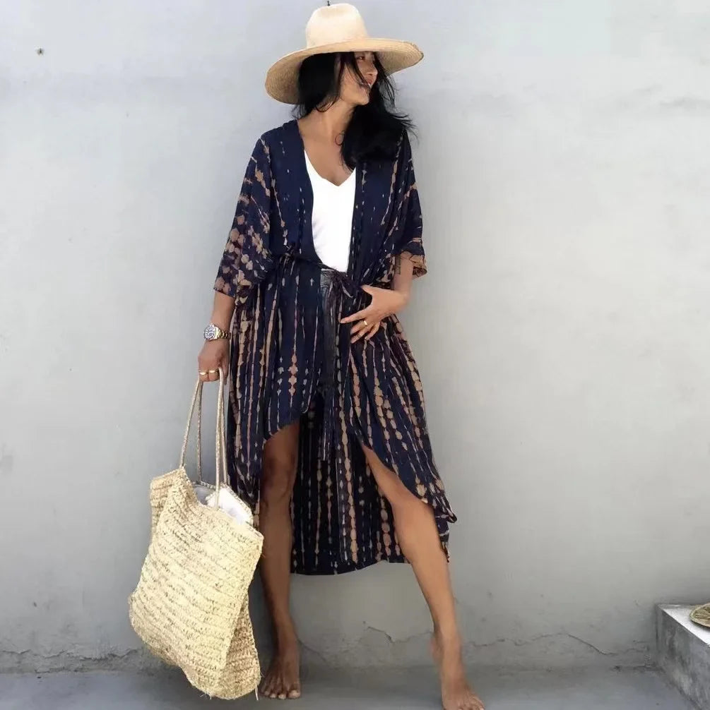 2024 New Summer Sexy Beach Kimono Swimwear Cotton Cover Up Swimsuit Women Print Bikini Cover Up Beachwear Dress Robe