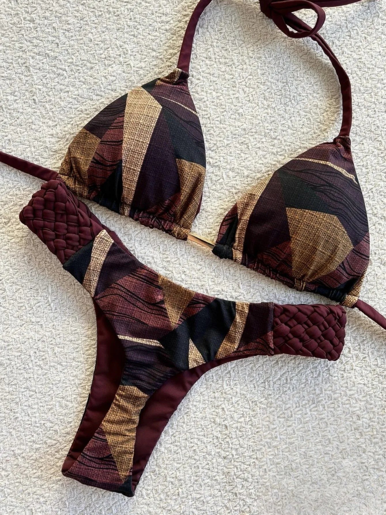 Sexy Vintage Print Bikini Set 2025 Women Orange Cut Out Weave Thong Swimsuit Bather Bathing Suit Two Piece Swimwear Biquini