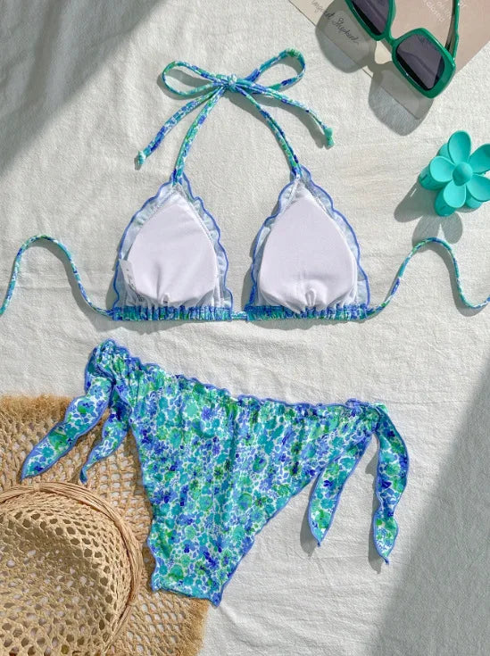 Cute Orange Floral Print Bikini Set Women Halter Ruffles Push Up Tie Side Thong Swimsuit 2026 Summer Bathing Suit Micro Swimwear