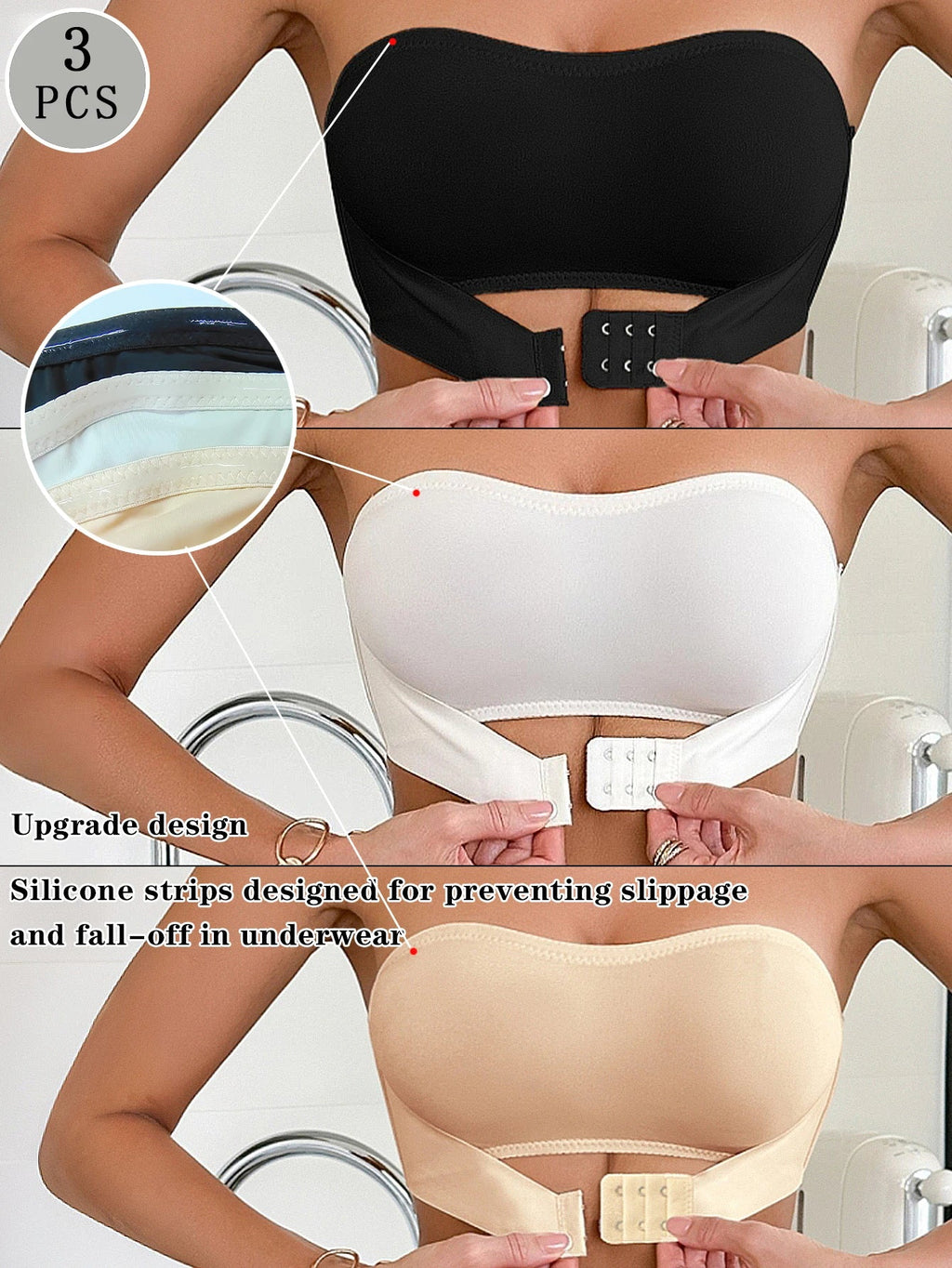 3Pcs Summer Solid Strapless Wireless Women's Bralette Front-Clasp Push up Bra Comfort Unlined Underwear