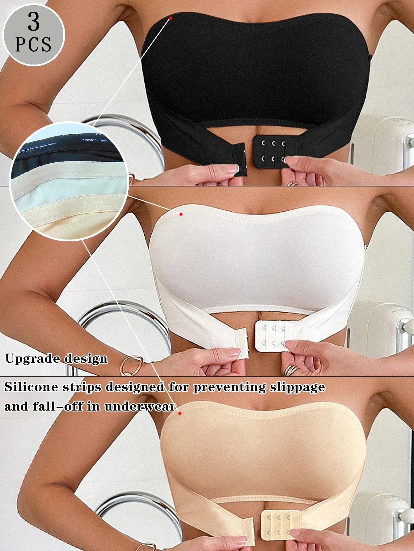 3Pcs Summer Solid Strapless Wireless Women's Bralette Front-Clasp Push up Bra Comfort Unlined Underwear