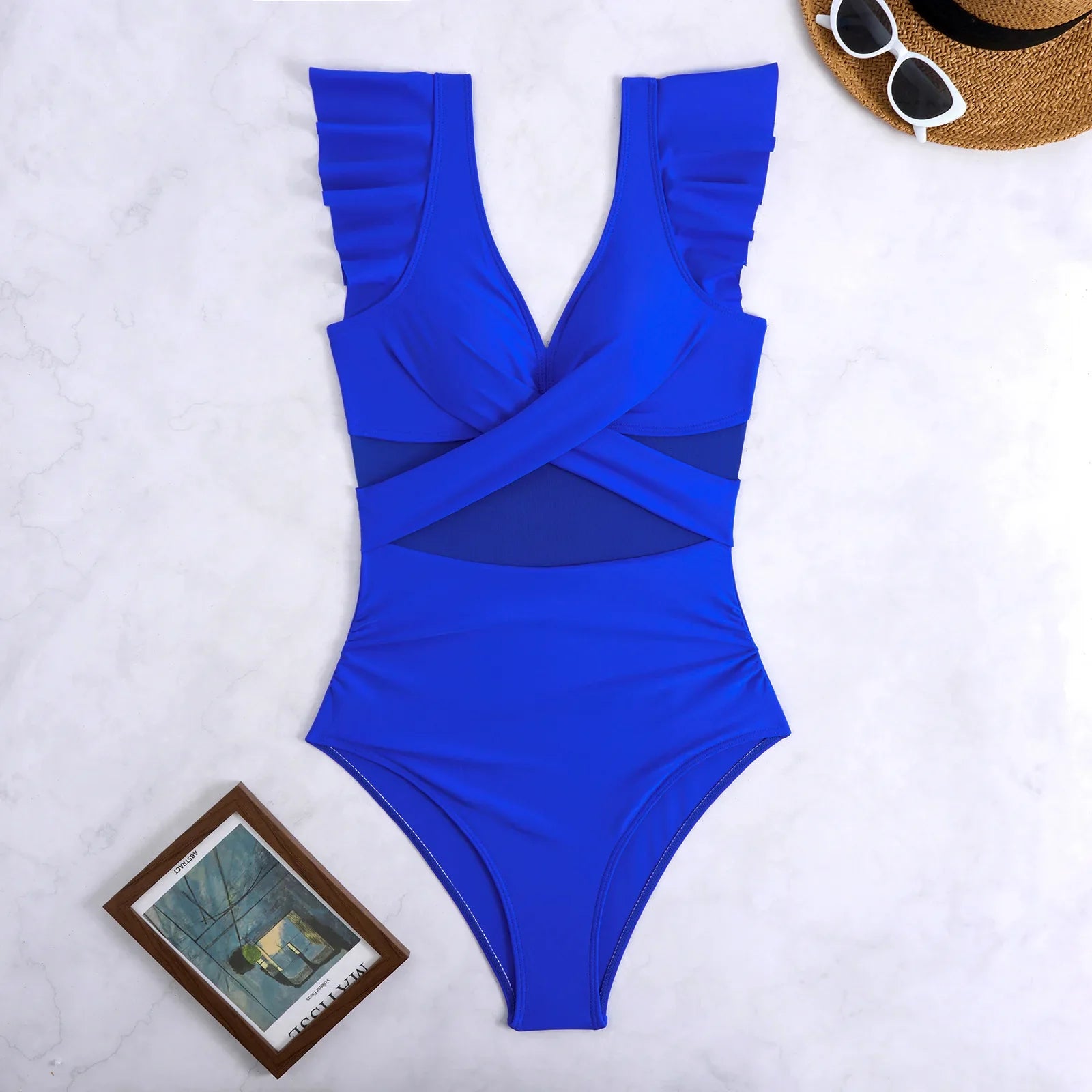2026 Solid Women's Swimsuit Trend Tummy Control V Neck Sexy Black Bikini Ruched Bathing Suits Slim Fit Ruffle Sleeve Swimwear
