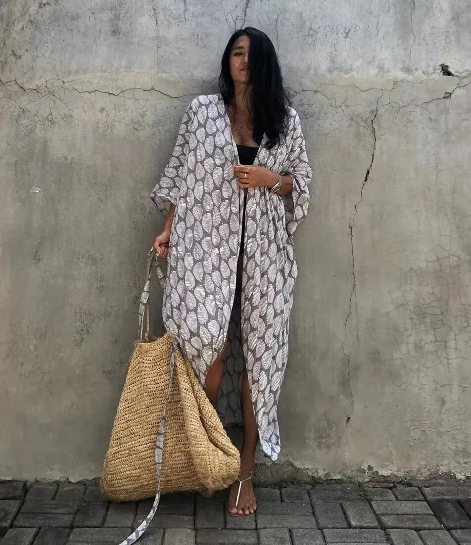 2024 New Summer Sexy Beach Kimono Swimwear Cotton Cover Up Swimsuit Women Print Bikini Cover Up Beachwear Dress Robe