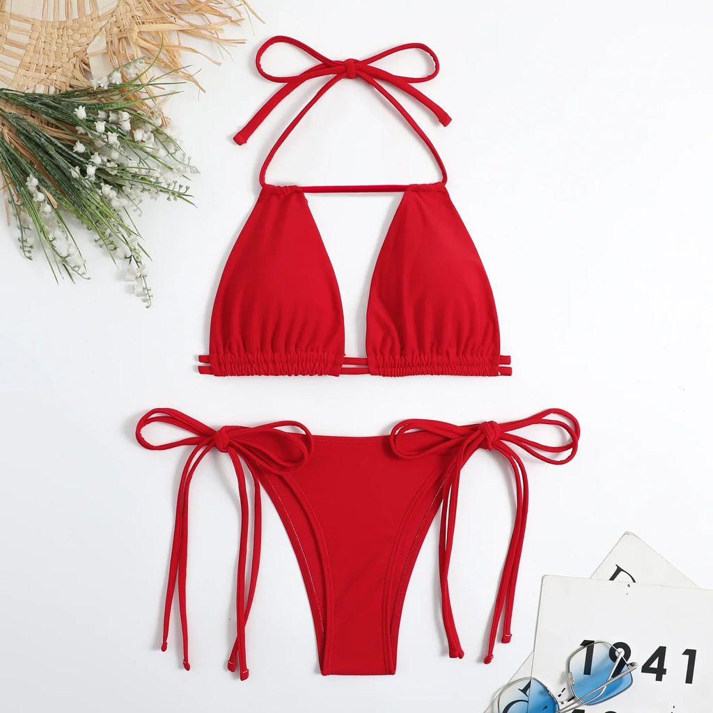 Sexy Bikini 2024 Women Black Brown Halter Hollow Out Push Up Micro Swimsuit Brazilian Bathing Suit Tie Side Triangle Swimwear