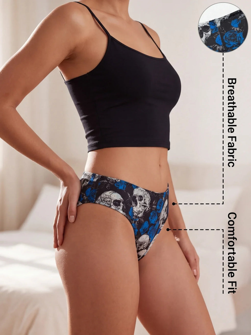 Stylish Mid-Rise Women Panties Gothic Skull Seamless Underwear Soft Breathable Rose Print Female Briefs