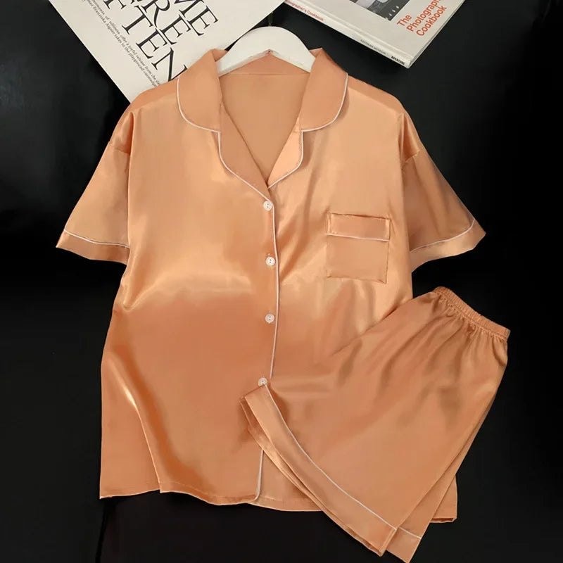 Sweet Simple Ice Silk Pajamas for Women  Thin Short-sleeved Home Clothes Suit Nightwear Women's Pajamas Set Nightie Summer
