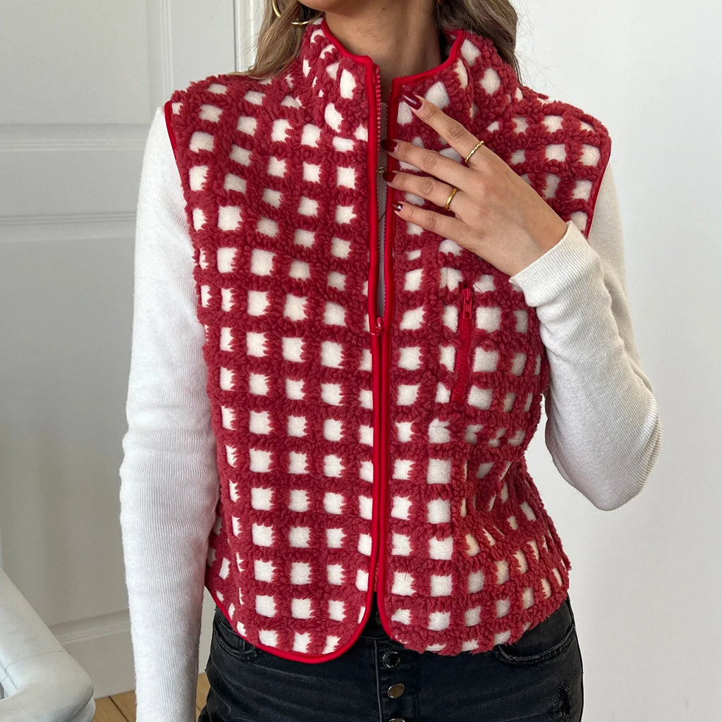 Women’s Fuzzy Checkered Vest Sleeveless Stand Collar Zip Up Vest Jacket Loose Spring Fall Warm Outwear