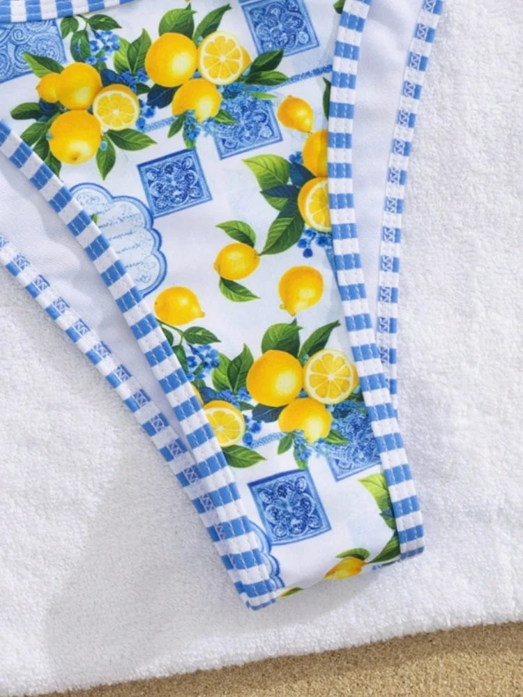 Sexy Sky Blue Fruit Print Micro Bikini 2026 Women Brazilian Pleate Push Up Bra Hollow Thong Swimsuit Beach Bathing Suit Swimwear