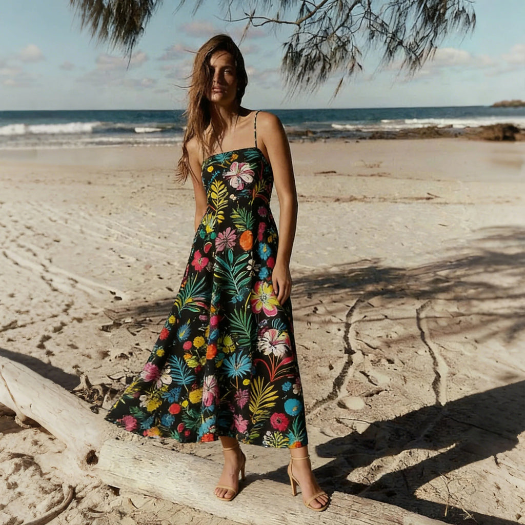 Women Floral Geometric Neck Long Party Dress Fashion Sleeveless Spaghetti Strap Dress Fashion Vacation Cocktail Flowy Sun Dress