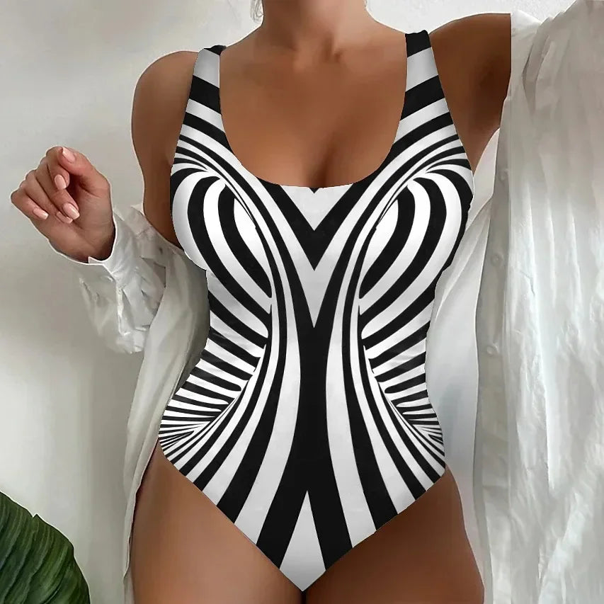 Vintage Abstract Print One Piece Swimsuit Women 2025 Black White Striped Tummy Control Large Size Swimwear Bathing Suit Monokini