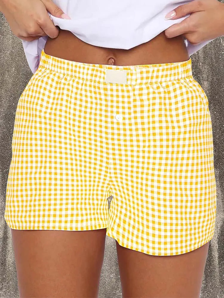 Teen Girls Plaid Shorts Elastic Waistband Pull-On Casual Lounge Summer Outfit Red Blue Color Women's Fashion