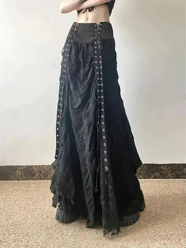 Y2K Lace Mesh Long Skirt Women Harajuku Vintage Patchwork Bandage Black Skirts Gothic Aesthetic High Waist Chic Long Skirts ODU6