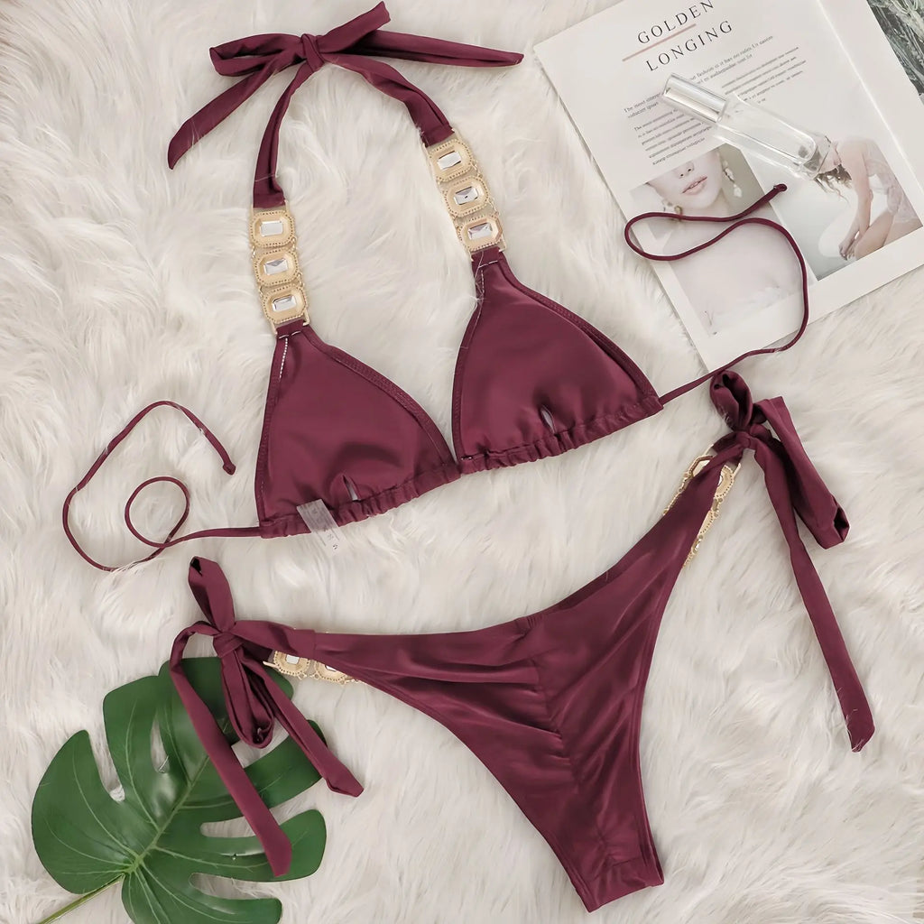 Sexy Rhinestone Bikini Set Women 2026 Luxury Pink Crystal Diamond Push Up Bandage Thong Swimsuit Beach Bathing Suit Swimwear