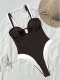 Vintage Black White Patchwork Swimwear Women 2026 Sexy Metal U Neck Backless One Piece Swimsuit Beach Bathing Suits Monokini