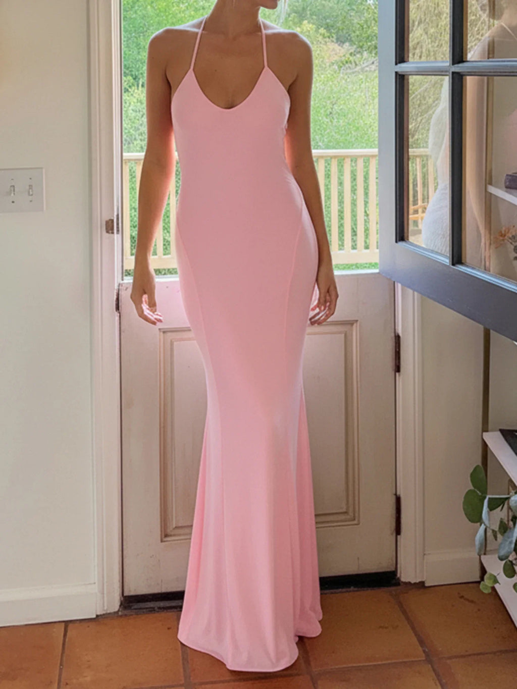 Women Halter Floor Length Vacation Dress Gown Party Slim Fit Fish Tail Maxi Dress Solid Sleeveless Bodycon Evening Dresses