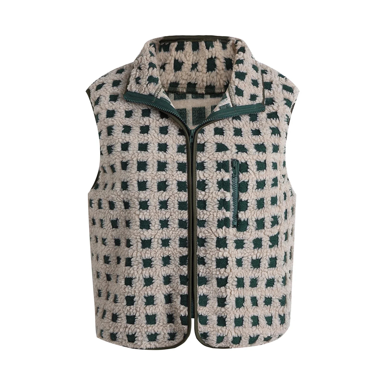 Women’s Fuzzy Checkered Vest Sleeveless Stand Collar Zip Up Vest Jacket Loose Spring Fall Warm Outwear