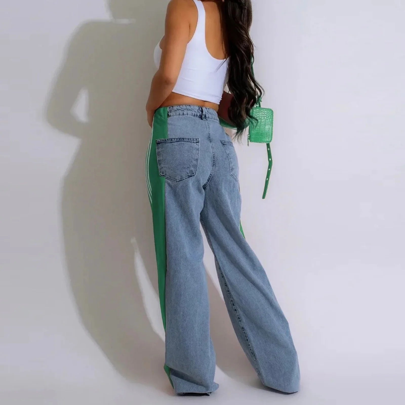 Women's Spring Summer Baggy Jeans Pants High Waist Loose Wide Leg Side Striped Denim Pants Streetwear