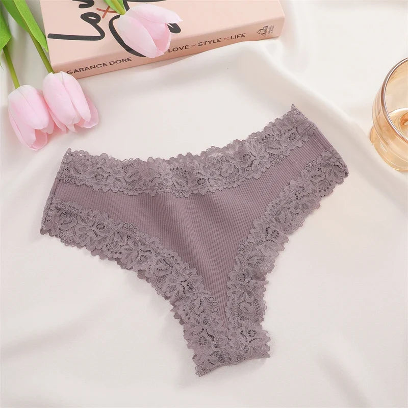 3Pcs Women Cotton Brazilian Pants Sexy Lace Brazilian Briefs Low Waist Floral Solid Color G-string Breathable Soft Lingerie