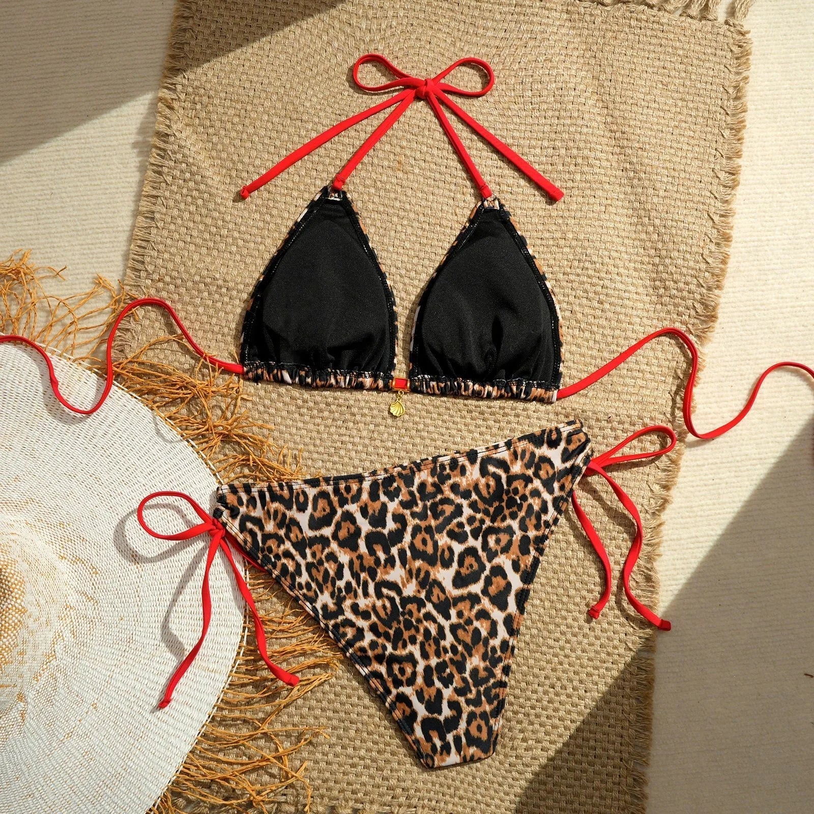 Vintage Red Leopard Print Micro Bikini Set 2026 Women Drawstring Side High Waist Swimsuit Holiday Bathing Suit Push Up Swimwear