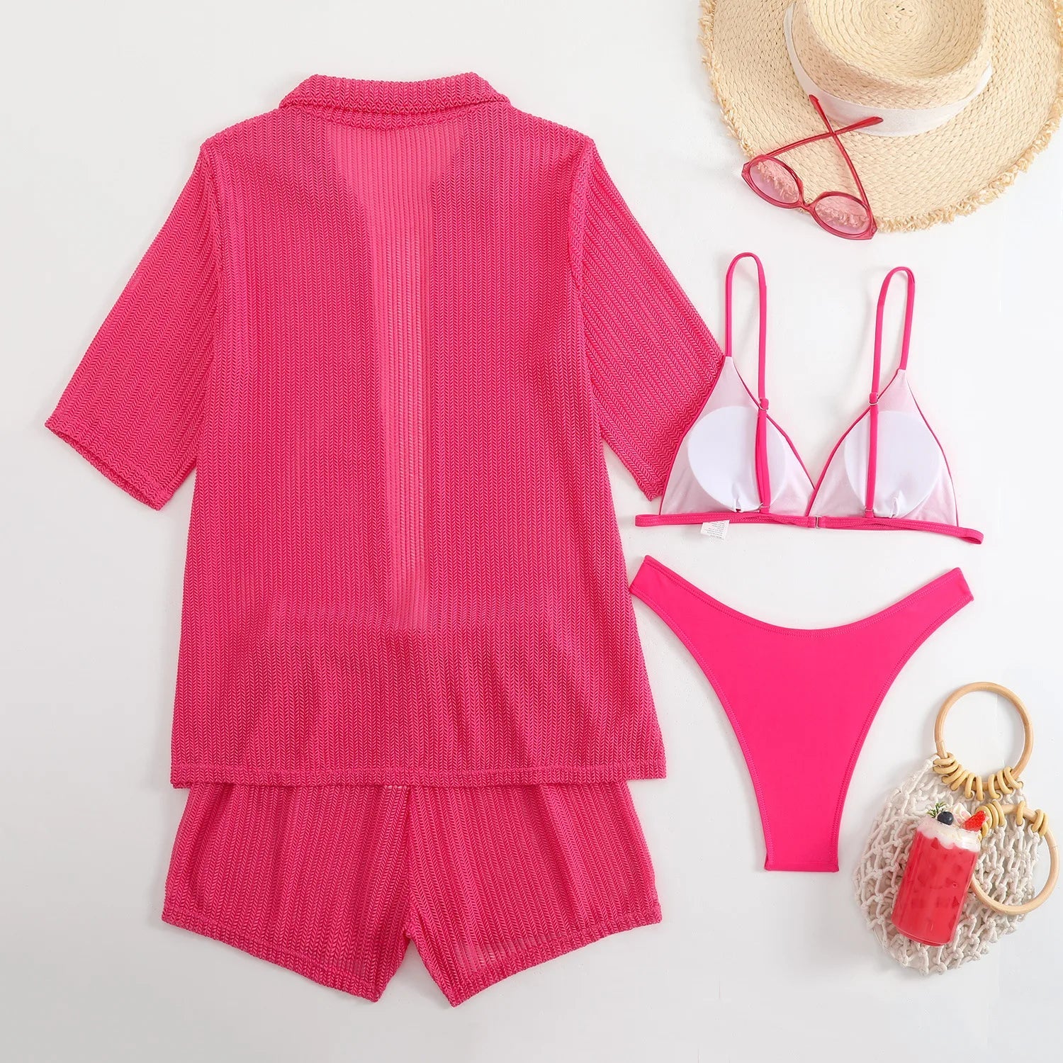 Summer 4 Piece Bikinis Sets Women Black White Mesh Half Sleeve Cover Up with High Waist Panties Swimsuit Bathing Suit Swimwear