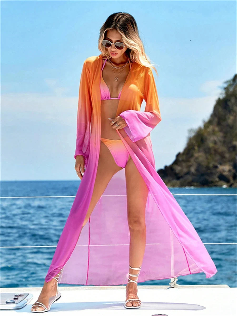 Sexy Kimono 3 Piece Bikini Set 2024 Women Pink Gradient Long Sleeve Cover Up Swimsuit Holiday Summer Bathing Suit Thong Swimwear