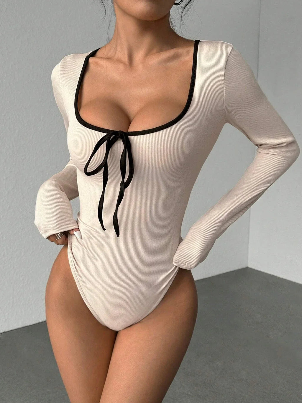 Women's Sexy U-Neck Bowknot Color Block Long Sleeve Bodysuit Casual Slim Fit Rib-knit Bodycon Spring/Fall Streetwear