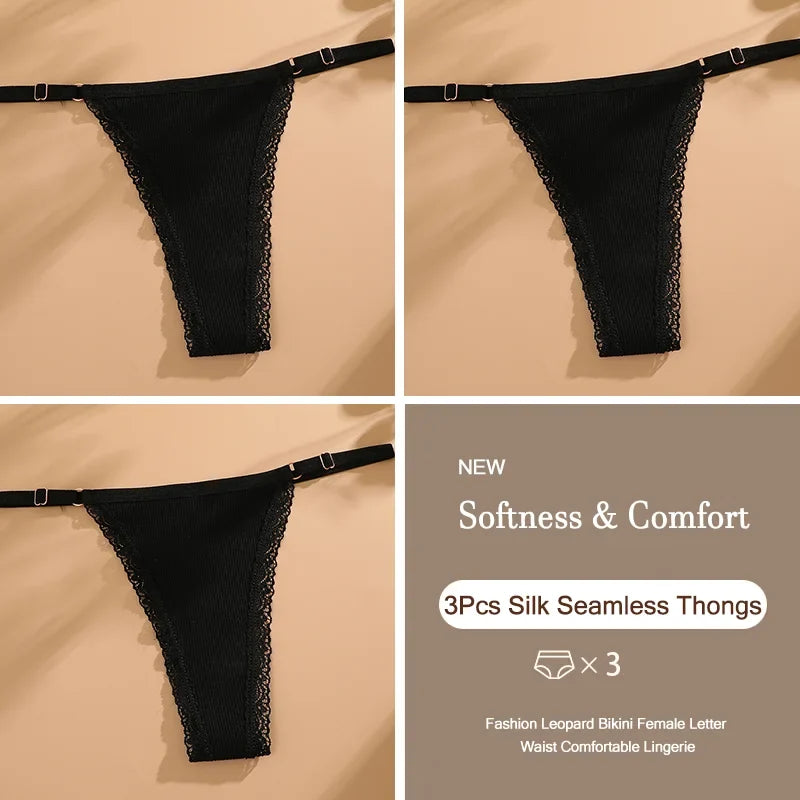 3Pcs G-String Cotton Sexy Women Thongs Adjustable Belt Seamless Panties Breathable Low Waist Lingerie Female Soft Solid Color