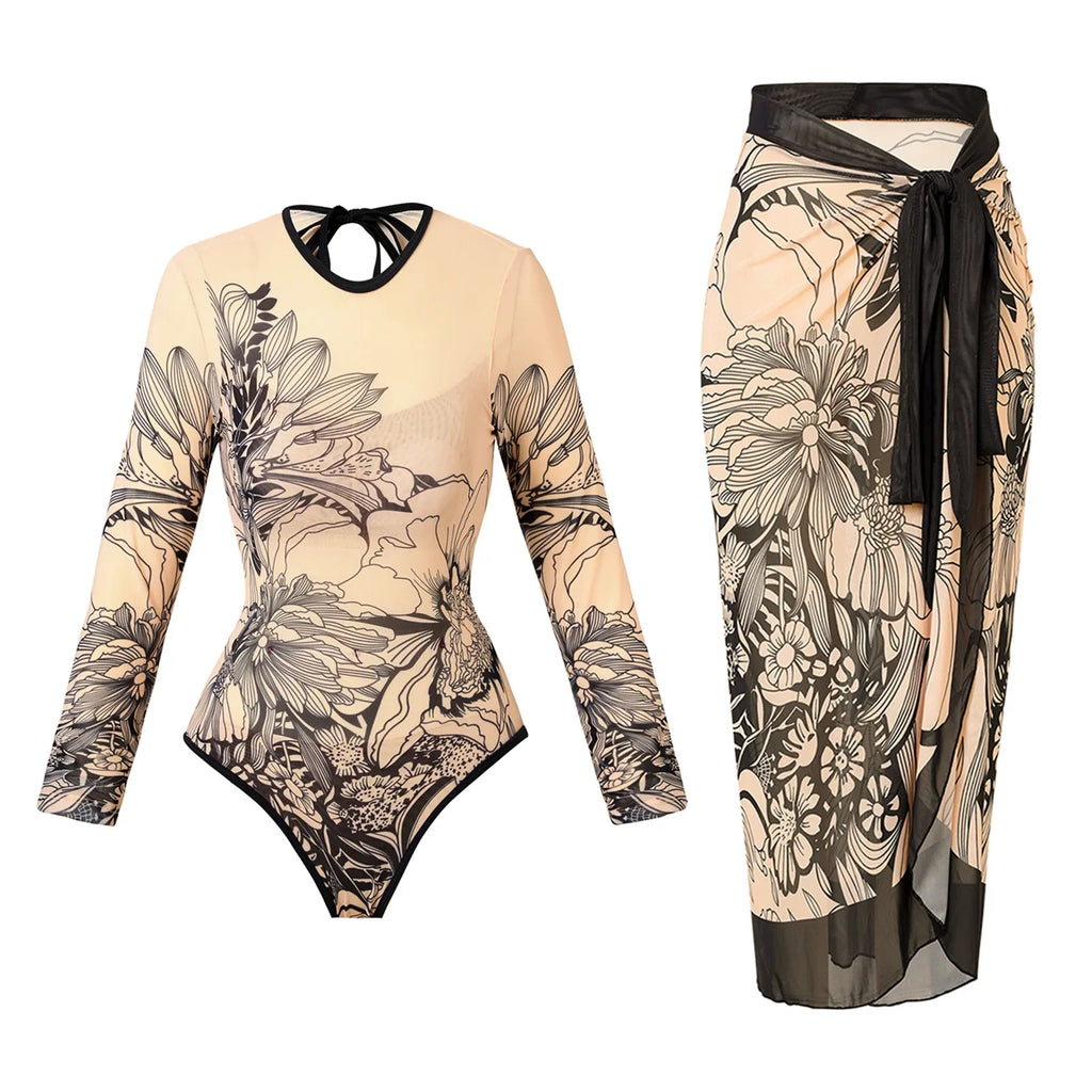 Long Sleeve Sunscreen One Piece Swimsuit Skirt Set for Women Vintage Floral Print Slim Fit Swimwear Holiday Bathing Suits 2025