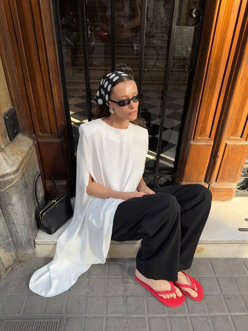 Trendix White Asymmetrical Cover Up For Women Fashion Ruffle Hem Loose Short Sleeve Shirts Casual Elegant Commuting Pullover Top