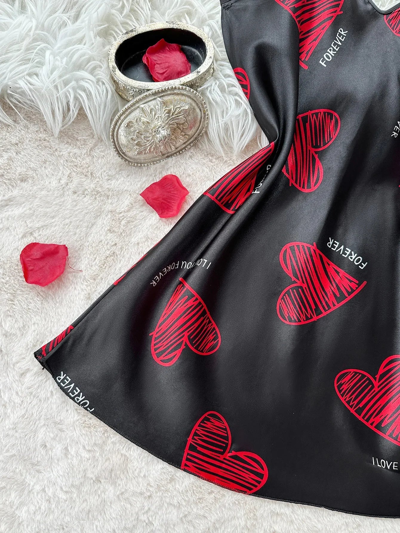 Valentine's Day Red Lip Print Satin Slip Straps Nightdress V Neck Backless Mini Sleep Dress Women's Nighties Sleepwear Dresses