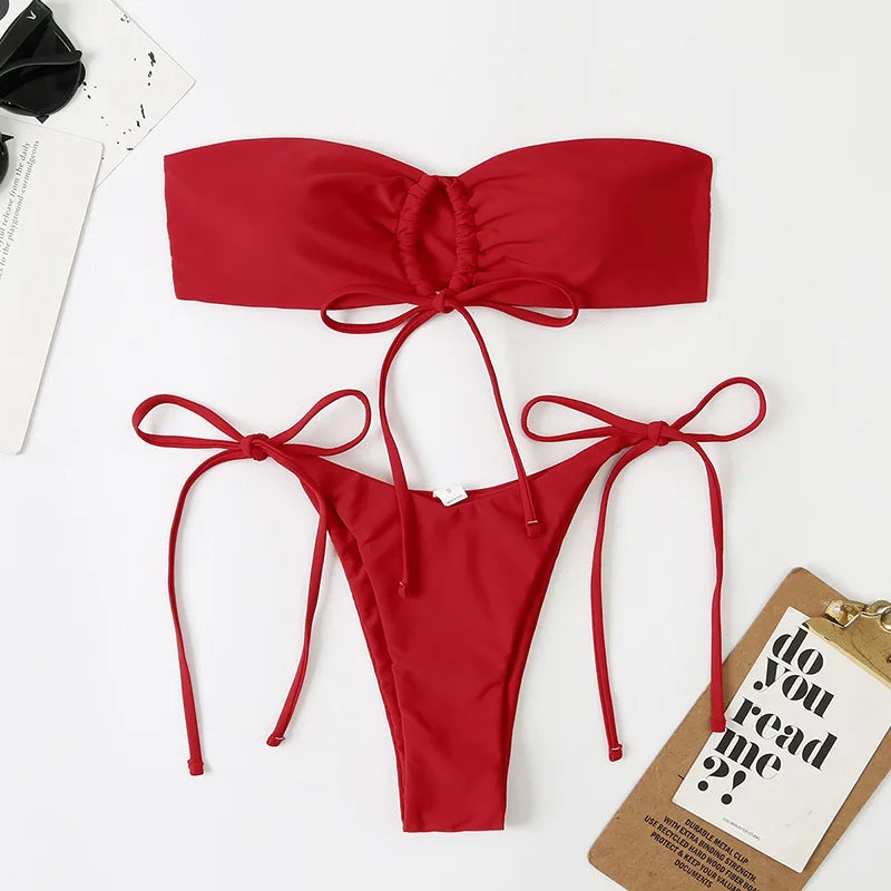 Sexy Bandeau Bikini Swimwear Women Red Black Pleate Lace Up Swimsuit 2024 Cut Out Beach Bathing Suit Tie Side Thong Bikinis Sets