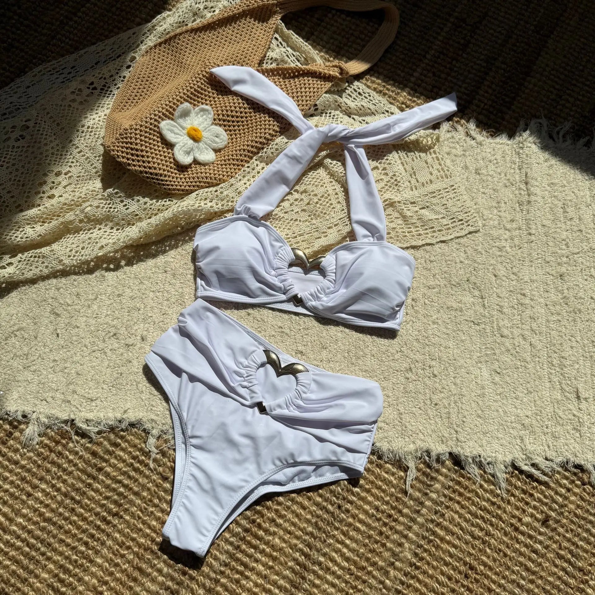 Vintage Black White Bikini Set 2025 Women Metal Heart Ornament Push Up Pleate High Wist Swimsuit Bathing Suit Holiday Swimwear