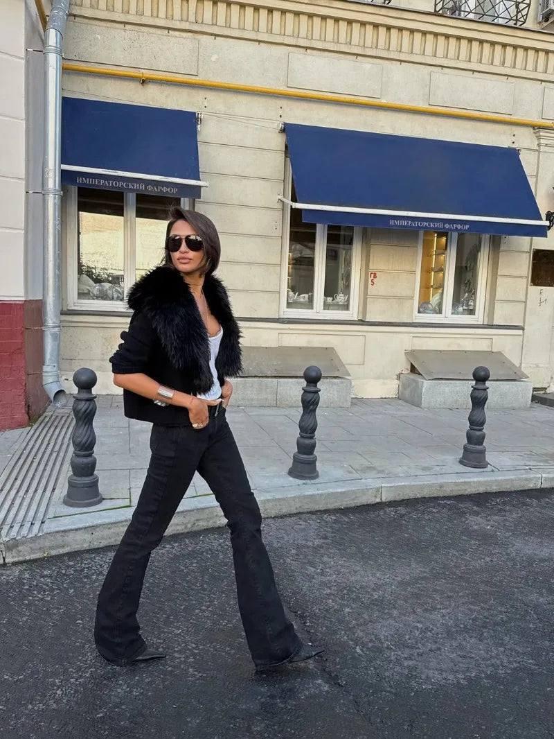 Trendix Black Knit Cardigan For Women Winter Detachable Faux Fur Collar Short Tops Street Slim Party Elegant Outerwear Top Femme