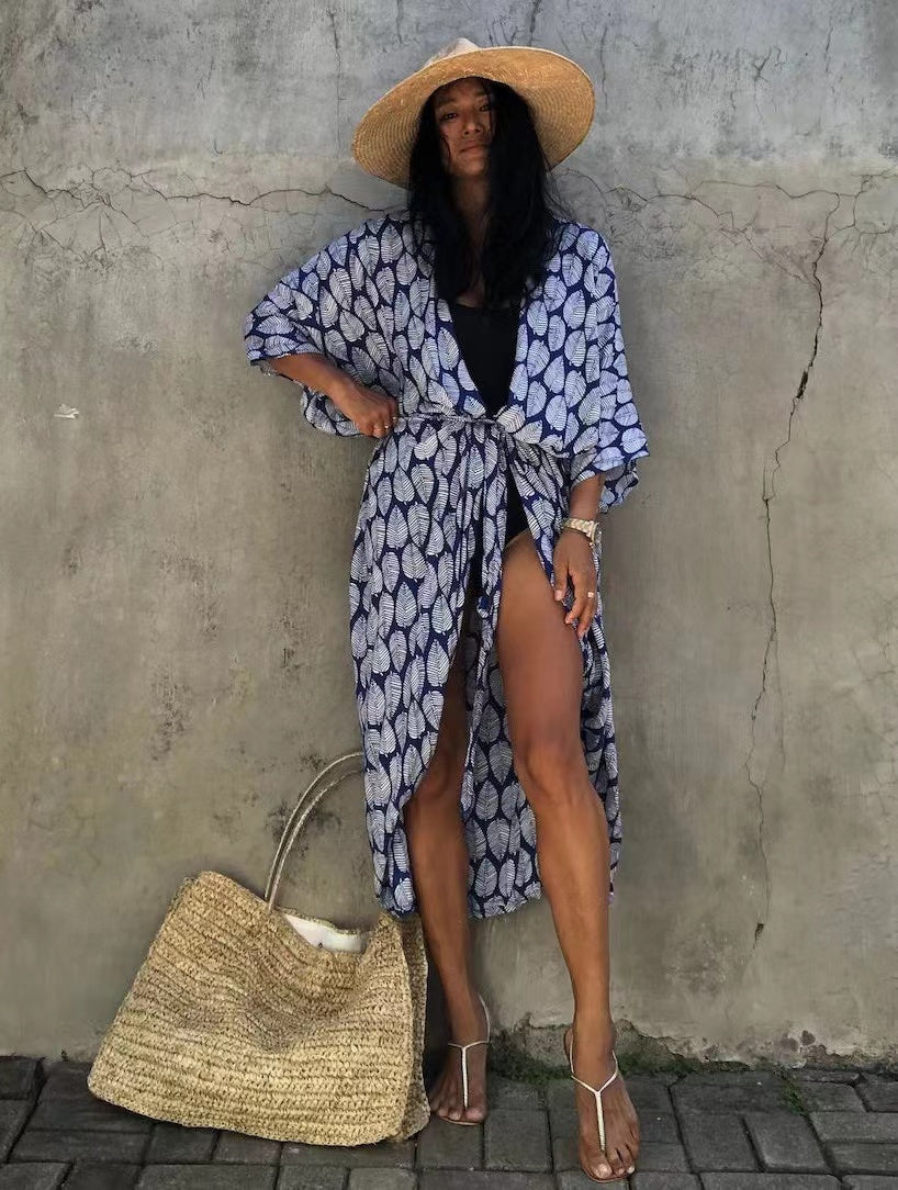 2024 New Summer Sexy Beach Kimono Swimwear Cotton Cover Up Swimsuit Women Print Bikini Cover Up Beachwear Dress Robe