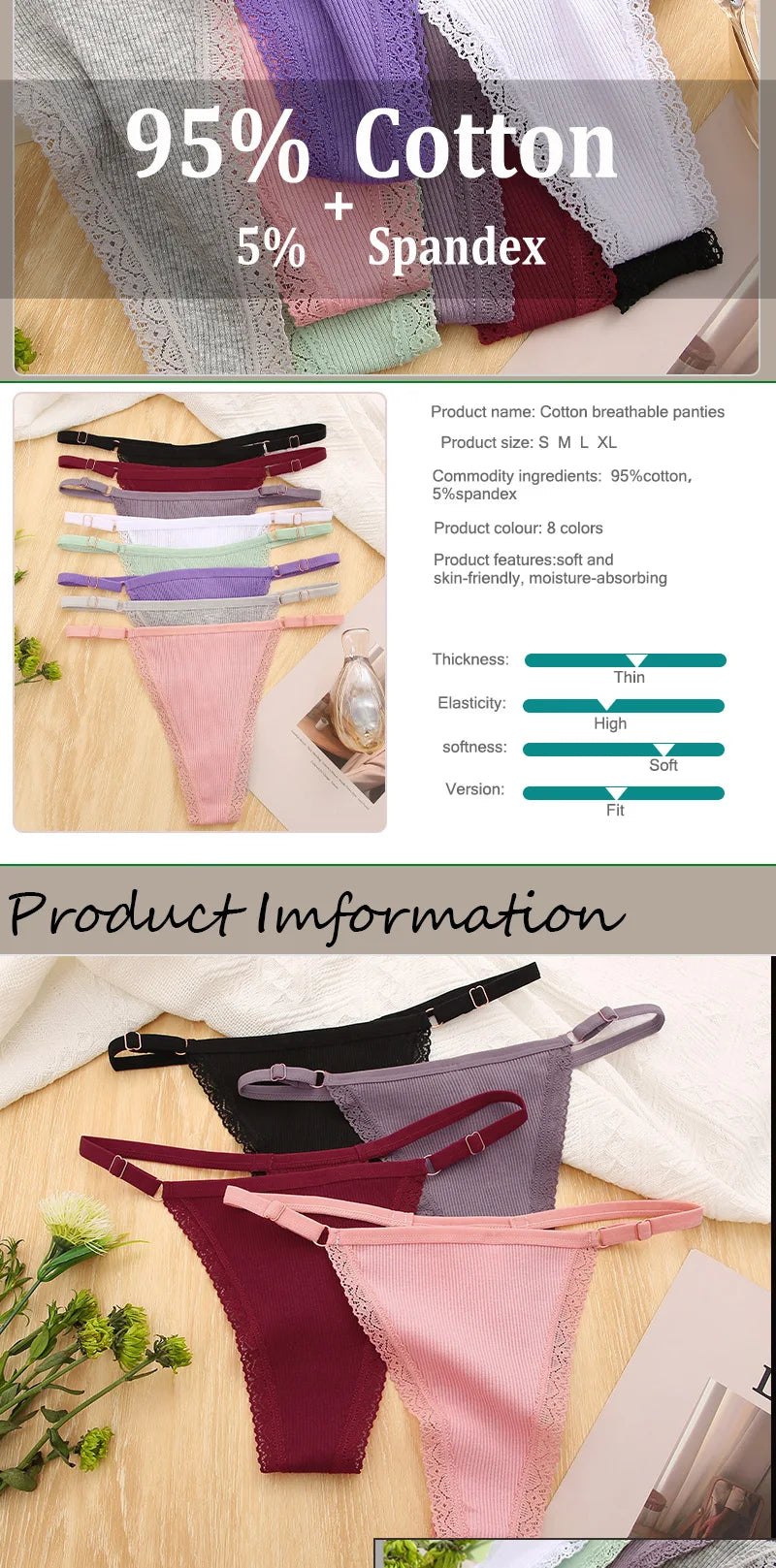 3Pcs G-String Cotton Sexy Women Thongs Adjustable Belt Seamless Panties Breathable Low Waist Lingerie Female Soft Solid Color