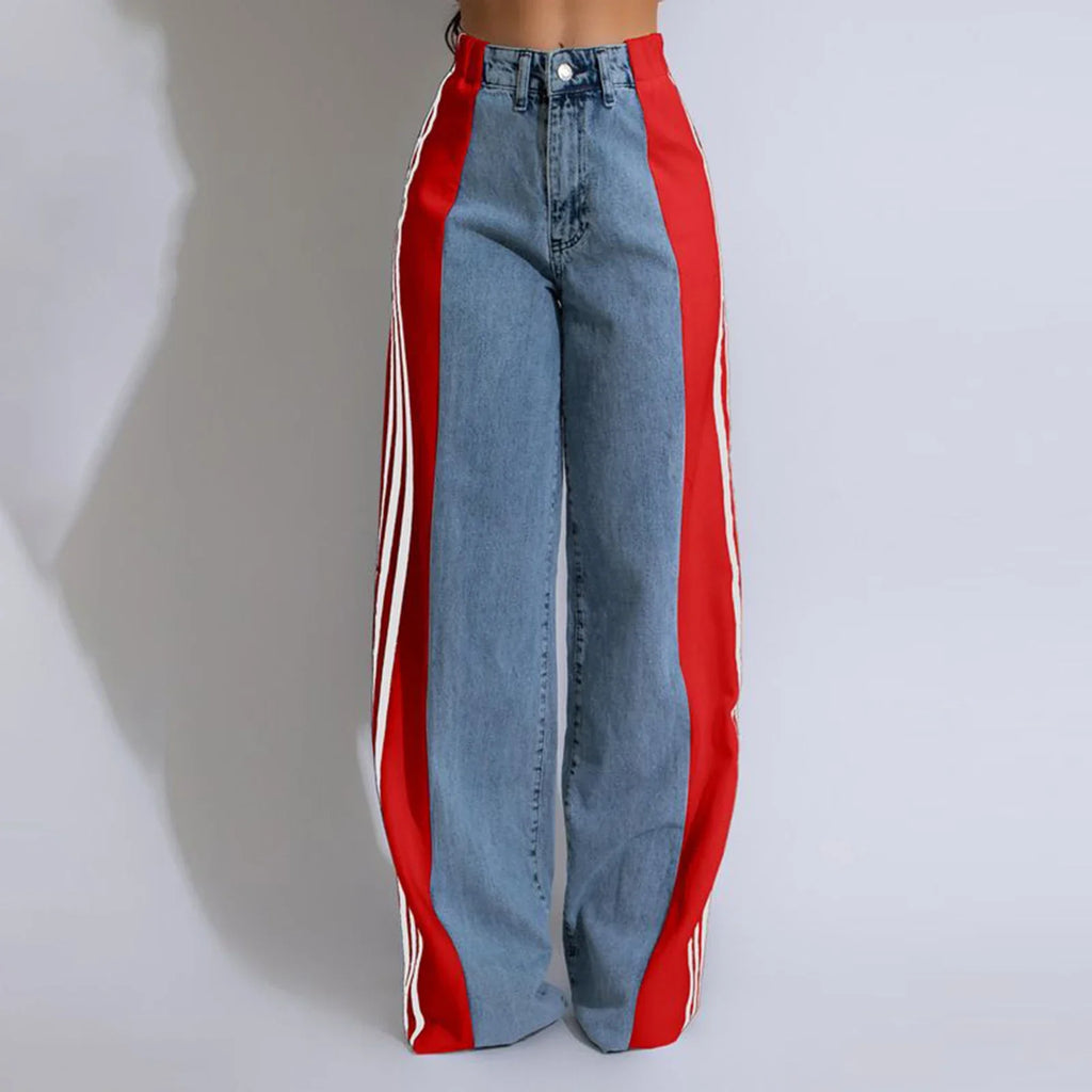 Women's Spring Summer Baggy Jeans Pants High Waist Loose Wide Leg Side Striped Denim Pants Streetwear