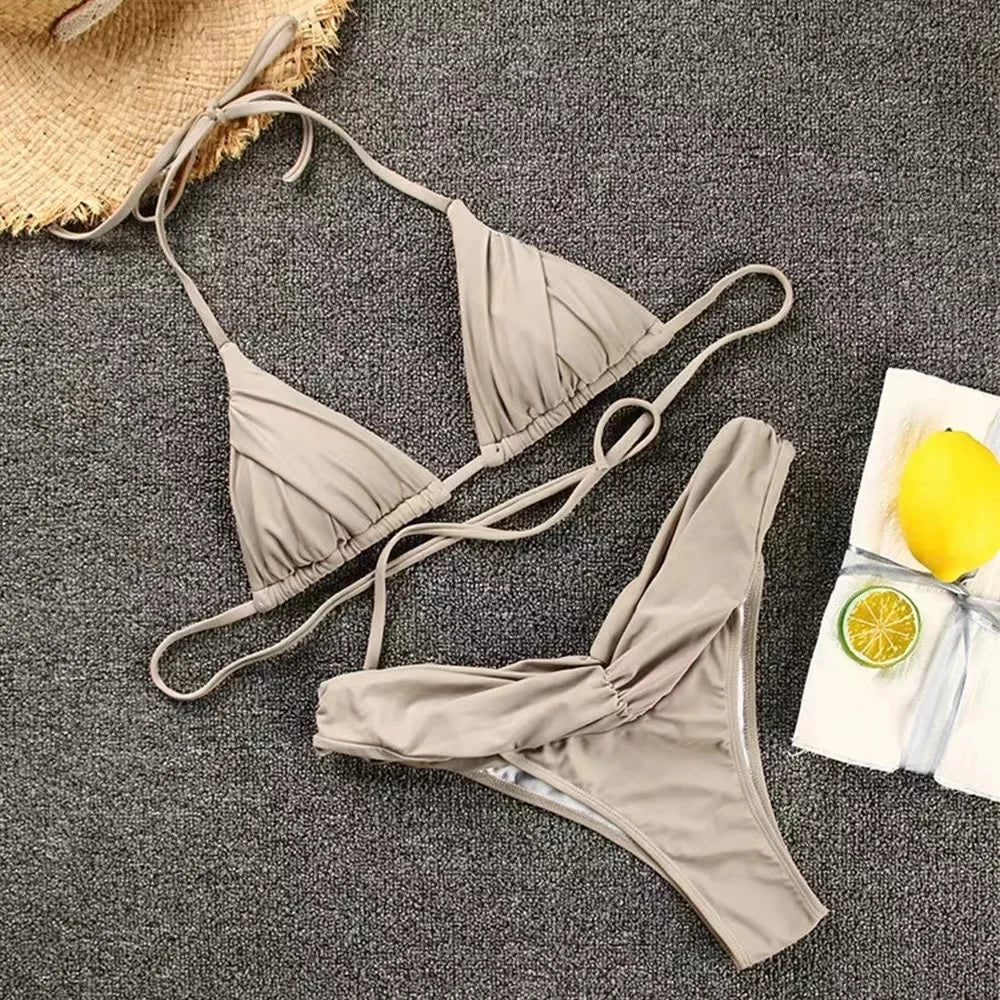 Sexy Micro Bikinis 2025 Women Halter Brazilian Bikini Set Female Pleated Swimsuit New Triangle Swimwear Beach Wear Bathing Suit