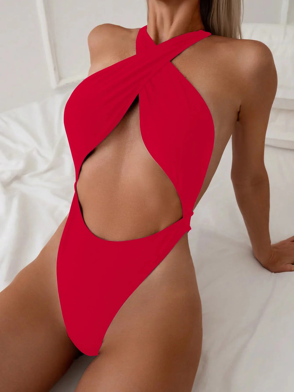 Sexy Black Red One Piece Swimsuit Women Halter Cross Hollow Out Bikini 2025 Beach Bathing Suit Backless Bandage Thong Swimwear