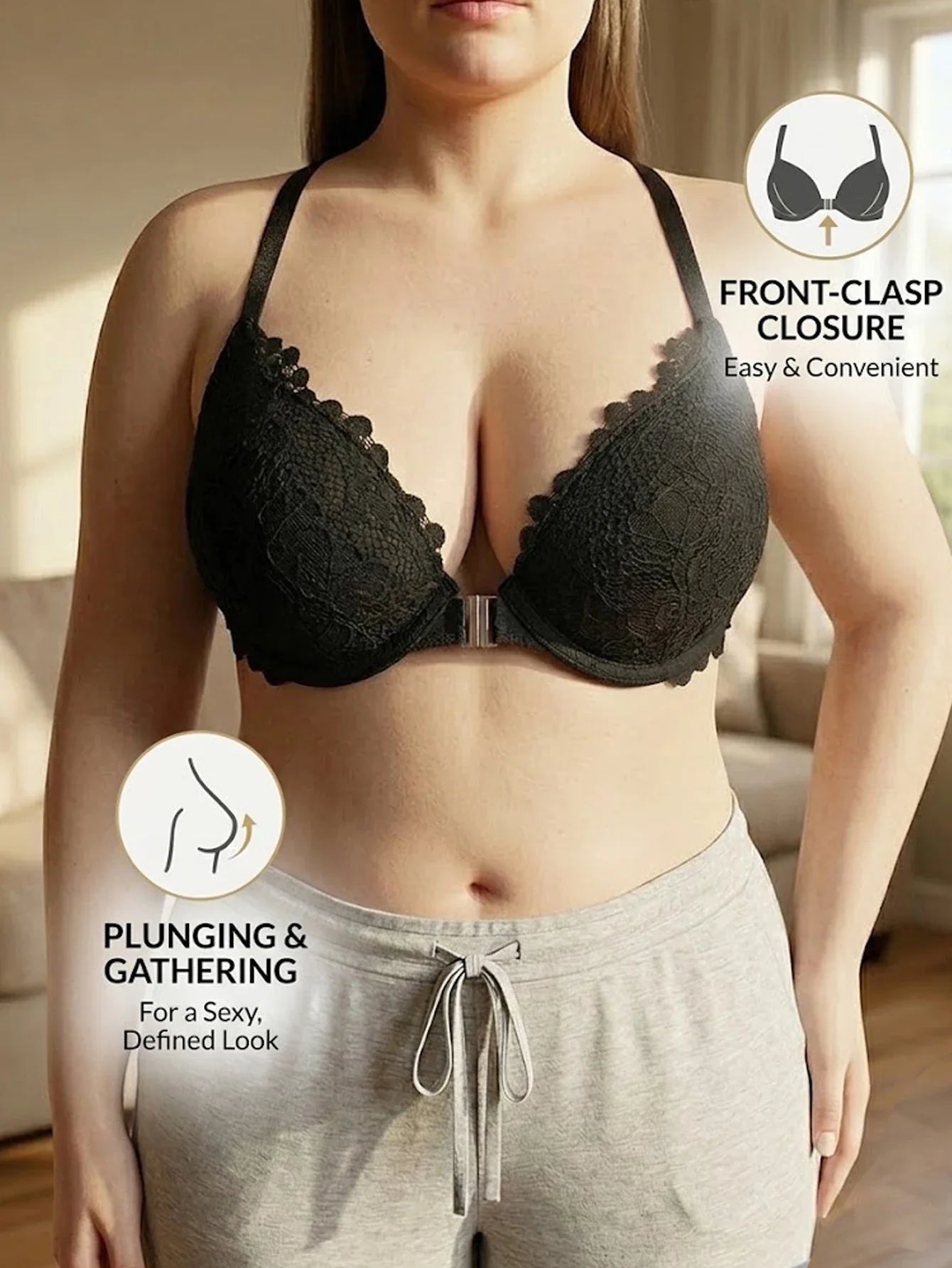 Plus Size Women's Floral Lace Push Up Bra Lace Backless Underwear with Underwire Side Support Minimizer Comfortable Lingerie