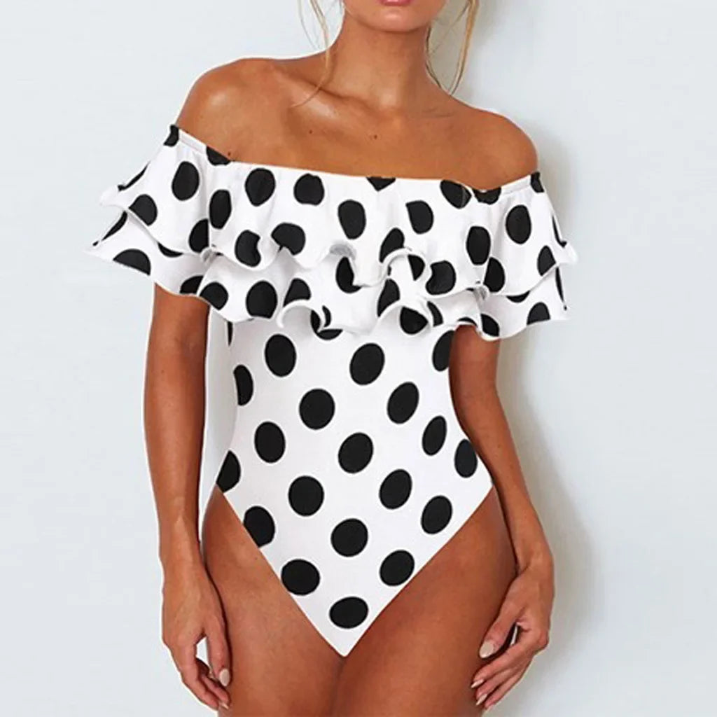 Black and White Polka Dot Ruffled One-Piece Swimsuits Sexy Push Up Bathing Suit Bodysuit Girl Beach Backless Swimwear Monokini