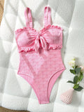 Vintage Pink Floral Swimwear Women 2026 Women Front Tie Ruffles Tummy Control One Piece Swimsuit Beach Holiday Bathing Suits
