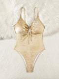Sexy Brozing Gold Swimwear Women 2026 Front Drawstring Tie Slim Tummy Control Holiday Bathing Suit One Piece Swimsuit Monokini