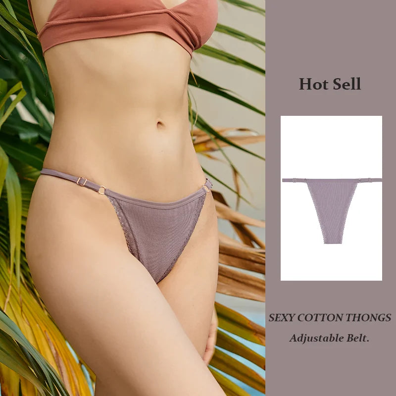 Sexy Women Cotton Thongs Adjustable Belt Seamless Panties Breathable Low Waist Lingerie Female Soft Solid Color Intimates