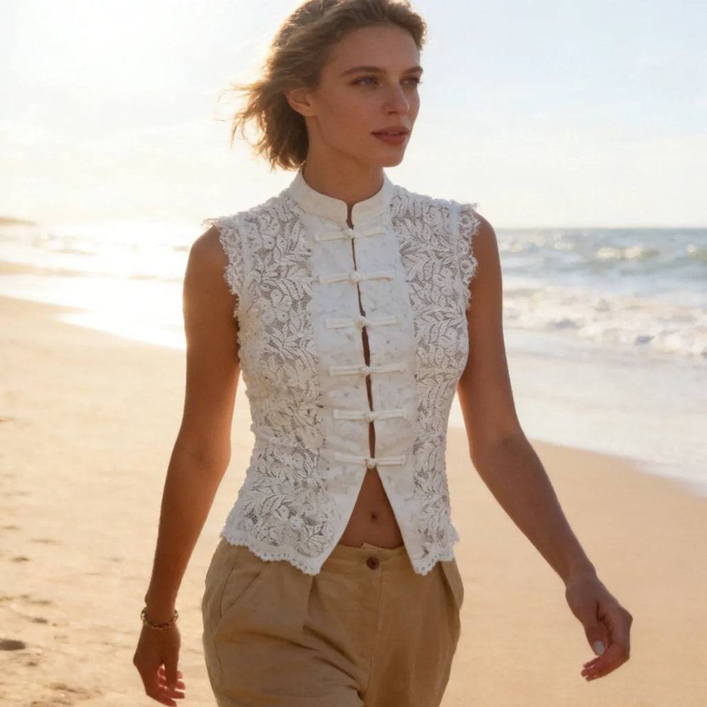 Y2K Aesthetic Solid Color Lace Crop Top Sleeveless Chinese Frog Button Vest Women's Summer Party Streetwear
