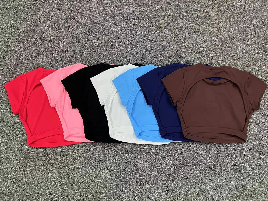 Hearuisavy Summer Sports Shirts Breathable Workout Tops Fitness Sportswear Backless Yoga Clothing Sport Crop Tops Women Gym Top