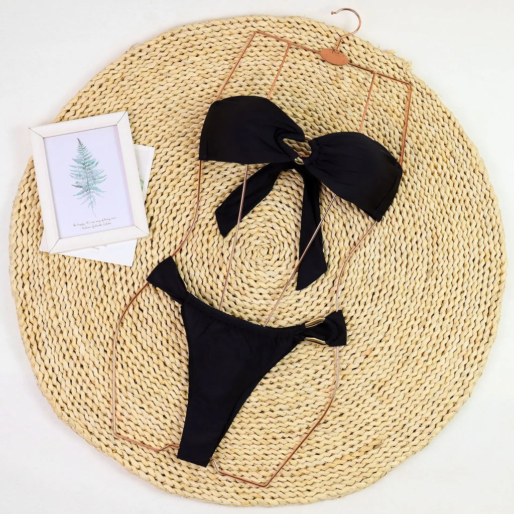 2026 New Sexy Push Up Low Waisted Bikini Set Swimsuit Female Swimwear Women Strappy Solid Black Beachwear Bathing Suits biquini
