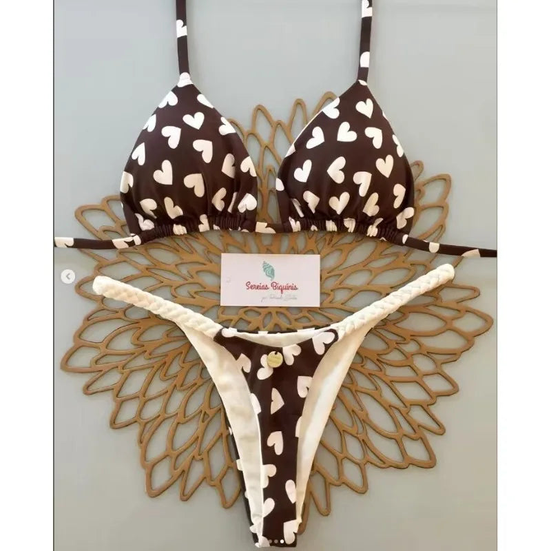 2026 Swimwear Women Cute  Cherry Print Brazilian Thong Bikini Set Sexy Thong Swimsuit Two Pieces Bathing Suit Women Beach Wear